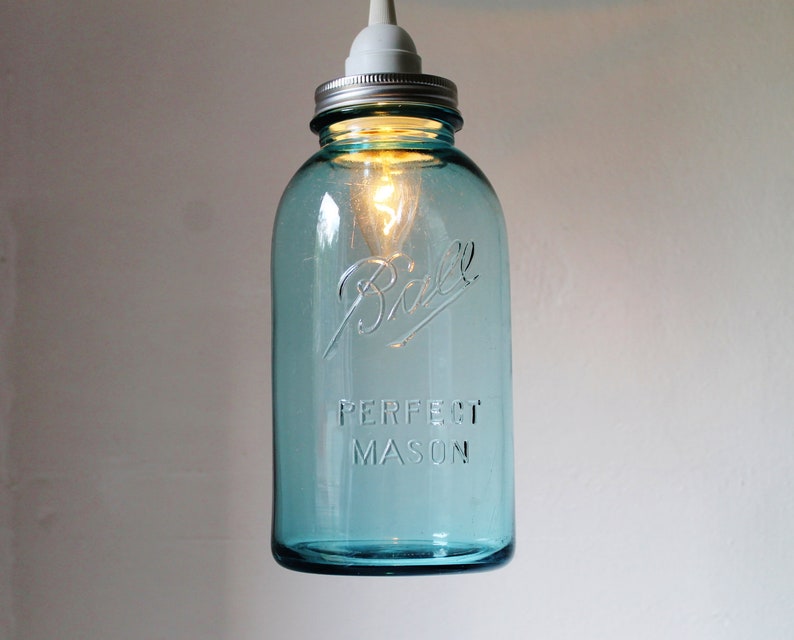 HALF GALLON Blue Mason Jar Pendant Lamp Featuring An Antique Ball Mason Jar Rustic Hanging Upcycled BootsNGus Lighting Fixture Lamp Design image 3