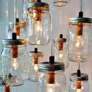 Mason Jar Chandelier, Rustic Hanging Pendant Lighting Fixture, 11 Clear Jars Cluster, Modern BootsNGus Lighting & Home Decor, Bulbs Included image 3