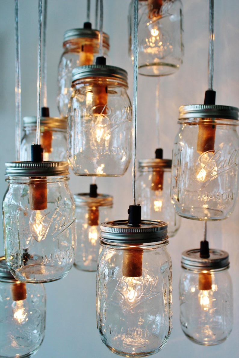 Mason Jar Chandelier, Rustic Hanging Pendant Lighting Fixture, 11 Clear Jars Cluster, Modern BootsNGus Lighting & Home Decor, Bulbs Included image 3