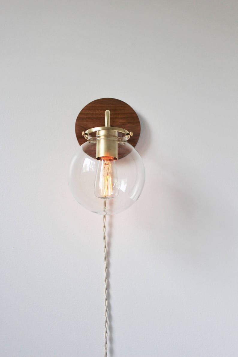 Wall Sconce Lamp, Bubble Globe Sconce Light, Brass and Wood Industrial Modern Lighting Fixture, Clear Glass Shade, Wire-In Or Plug-In image 1