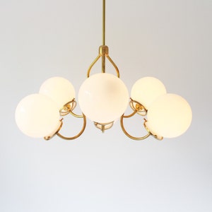 Brass Chandelier Lighting Fixture, Brass Pendant Lamp, 6 White Glass Globes on Fluted Arms, BootsNGus Modern Lighting and Home Decor image 5