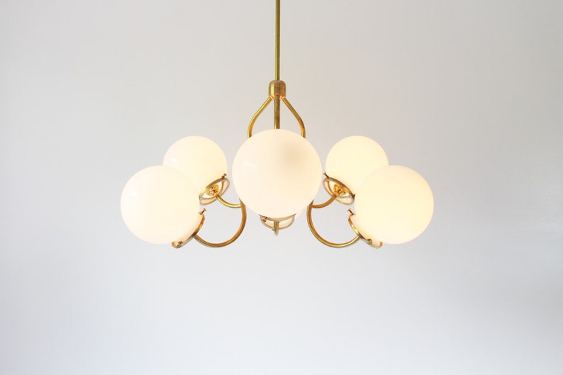 Brass Chandelier Lighting Fixture, Brass Pendant Lamp, 6 White Glass Globes on Fluted Arms, BootsNGus Modern Lighting and Home Decor image 5