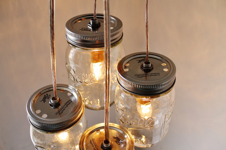 Mason Jar Chandelier, 4 Clustered Jars, Mason Jar Pendant Lighting Fixture, Rustic Upcycled Mason Jar Lights, Bulbs Included, Free Shipping image 4
