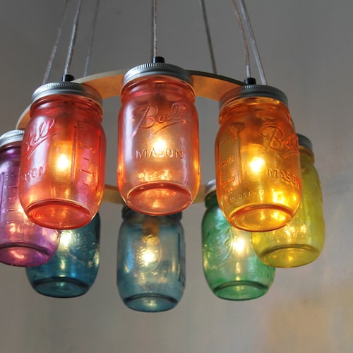 Rainbow Connection Mason Jar Chandelier Hanging Mason Jar Etsy