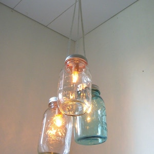 Mason Jar Chandelier, Mason Jar Pendant Lighting Fixture, 3 Clear and Blue Jars, Rustic Hanging Mason Jar Lighting Pendants, Bulbs Included image 3