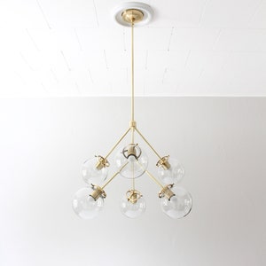 Sputnik Chandelier, Brass Pendant Lighting Fixture, 6 Clear Glass Bubble Globes, 6 Arms Mid Century Modern Kitchen Dining Room Chandelier image 2