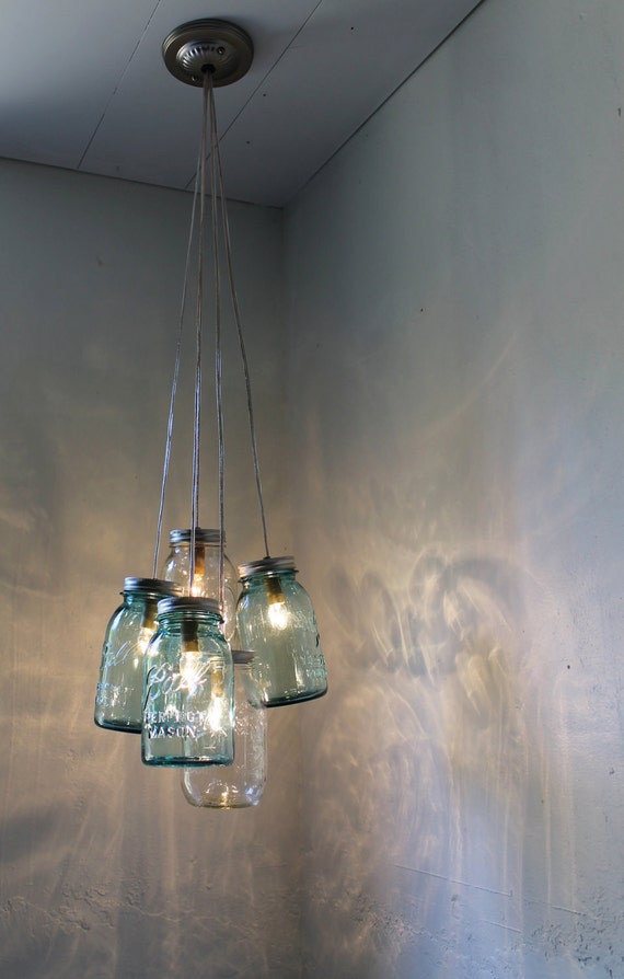 Mason Jar Chandelier, Beach House Mason Jar Lighting Fixture, Blue and Clear Jars, Hanging Pendant Light, BootsNGus Lighting, Bulbs Included Mason Jar Chandelier, Beach House Mason Jar Lighting Fixture, Blue and Clear Jars, Hanging Pendant Light, BootsNGus Lighting, Bulbs Included