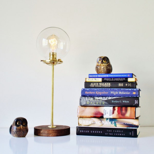 Globe Table Lamp, Industrial Brass and Wood Desk Lamp, Round Clear Glass Bubble Orb Shade, Modern BootsNGus Lighting & Home Decor