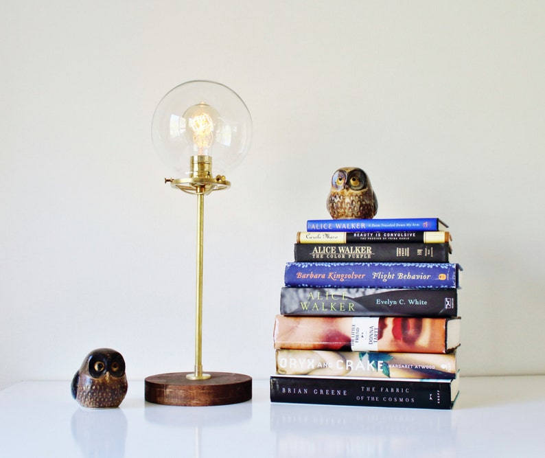 Globe Table Lamp, Industrial Brass and Wood Desk Lamp, Round Clear Glass Bubble Orb Shade, Modern BootsNGus Lighting & Home Decor image 1