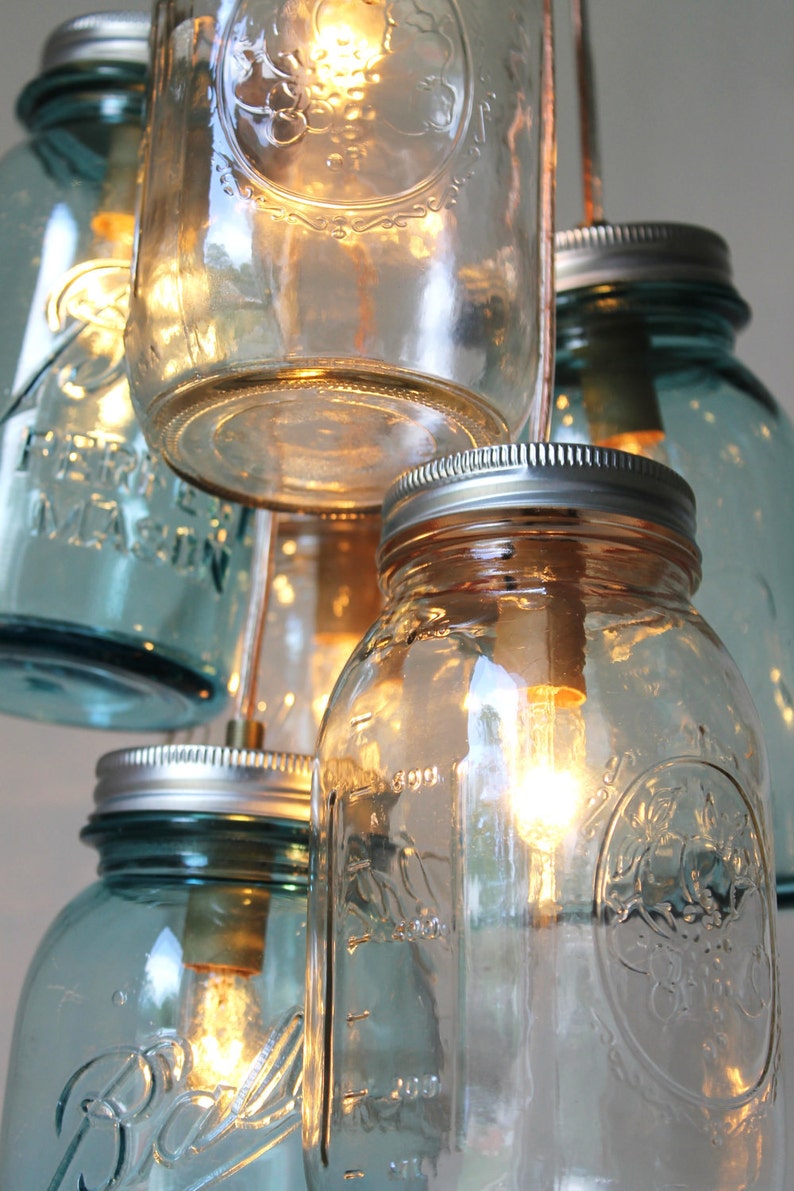 6 Clustered Clear and Antique Aqua Blue Jars Mason Jar Chandelier Handcrafted Rustic Hanging Lighting Fixture BootsNGus Lights /& Decor