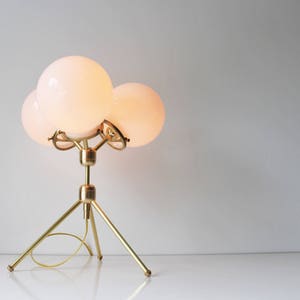 Brass Table Lamp, Tripod Desk Lamp, 3 White Glass Globe Shades, Modern BootsNGus Designer Lighting & Home Decor image 5