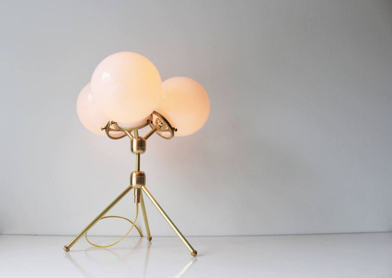 Brass Table Lamp, Tripod Desk Lamp, 3 White Glass Globe Shades, Modern BootsNGus Designer Lighting & Home Decor image 5
