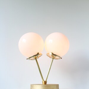 Gold Table Lamp, 2 White Globes, Wood Brass and Glass Desk Lamp, Raw Brass Twin White Glass Globes, BootsNGus Lighting and Home Decor image 4