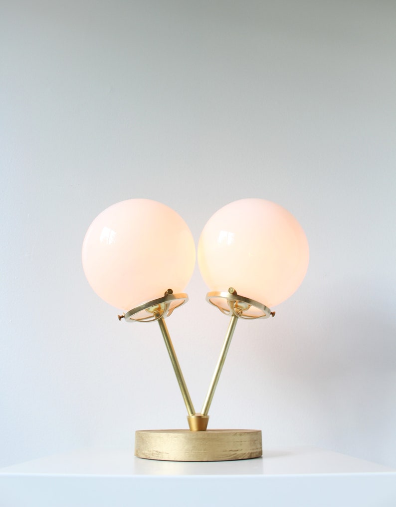 Gold Table Lamp, 2 White Globes, Wood Brass and Glass Desk Lamp, Raw Brass Twin White Glass Globes, BootsNGus Lighting and Home Decor image 4