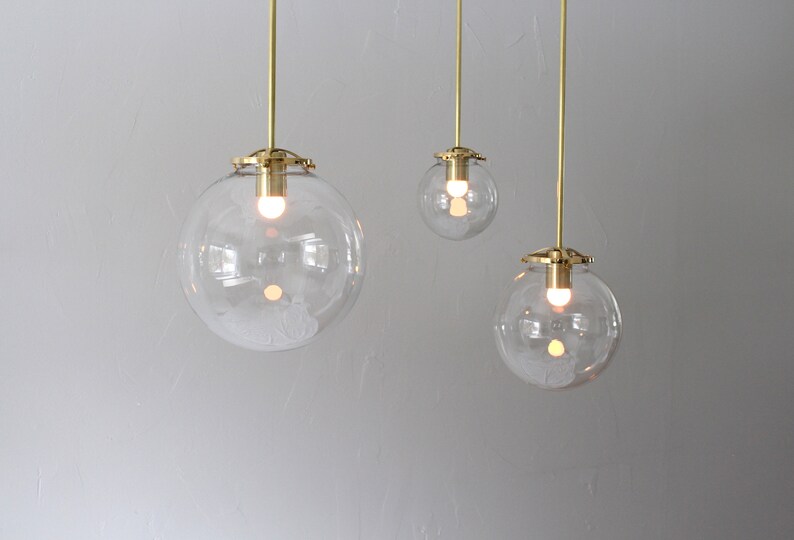 Large Bubble Pendant Light, 10 Clear Glass Globe Shade, Brass Finish, Single Mid Century Modern Hanging Pendant Lamp Lighting Fixture image 6