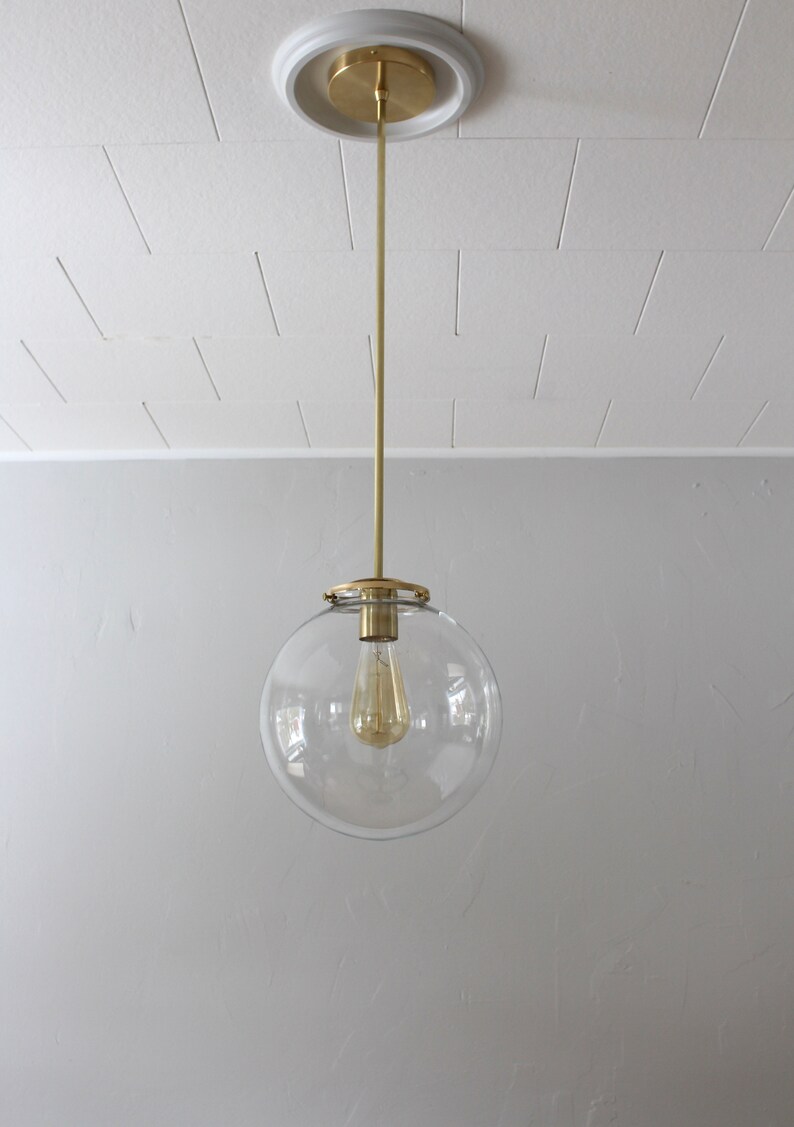 Large Bubble Pendant Light, 10 Clear Glass Globe Shade, Brass Finish, Single Mid Century Modern Hanging Pendant Lamp Lighting Fixture image 8