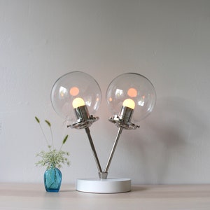 Siamese Twin Table Lamp, Industrial Desk Lamp, Polished Nickel, 2 Frosted White or Clear Glass Bubble Globes, Modern Lighting and Home Decor image 2