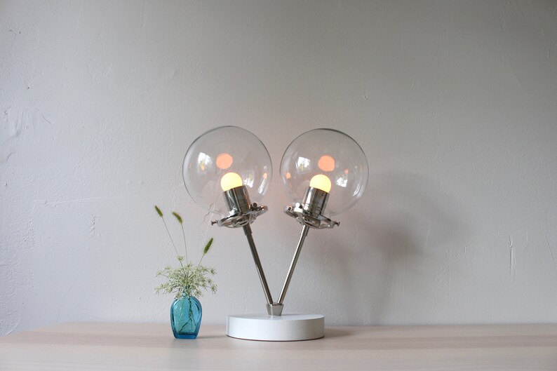 Siamese Twin Table Lamp, Industrial Desk Lamp, Polished Nickel, 2 Frosted White or Clear Glass Bubble Globes, Modern Lighting and Home Decor image 2