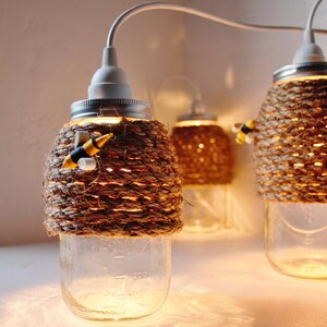 The Hive Mason Jar Pendant Lamp, Hanging Lighting Fixture With A Rope Wrapped Quart Jar, Rustic Handcrafted BootsNGus Lights & Home Decor image 5