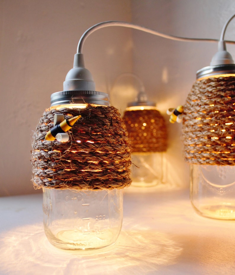 The Hive Mason Jar Pendant Lamp, Hanging Lighting Fixture With A Rope Wrapped Quart Jar, Rustic Handcrafted BootsNGus Lights & Home Decor image 5