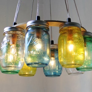 Mason Jar Chandelier, Sea Glass Mason Jar Lighting Fixture, Rustic Hanging Mason Jar Pendant Lamp, Bulbs Included