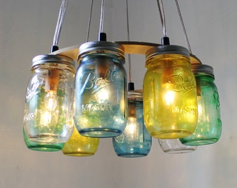 Mason Jar Chandelier, Sea Glass Mason Jar Lighting Fixture, Rustic Hanging Mason Jar Pendant Lamp, Bulbs Included