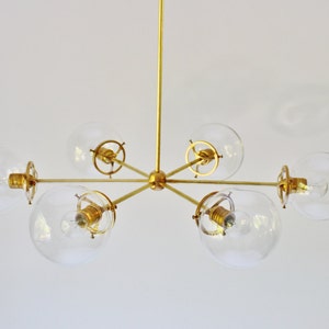 Sputnik Chandelier, Brass Finish, 6 Clear Bubble Glass Globes, Large Modern Hanging Pendant Ceiling Mount Lighting Fixture image 5