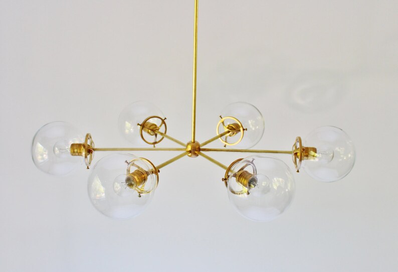 Sputnik Chandelier, Brass Finish, 6 Clear Bubble Glass Globes, Large Modern Hanging Pendant Ceiling Mount Lighting Fixture image 5