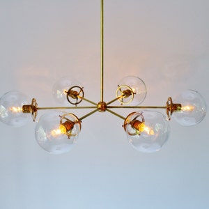 Sputnik Chandelier, Brass Finish, 6 Clear Bubble Glass Globes, Large Modern Hanging Pendant Ceiling Mount Lighting Fixture image 1