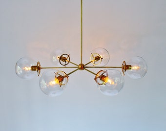 Sputnik Chandelier, Brass Finish, 6 Clear Bubble Glass Globes, Large Modern Hanging Pendant Ceiling Mount Lighting Fixture