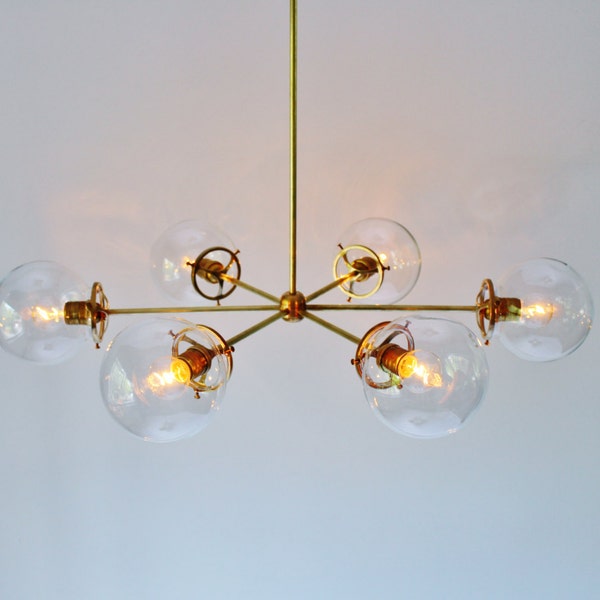 Sputnik Chandelier, Brass Finish, 6 Clear Bubble Glass Globes, Large Modern Hanging Pendant Ceiling Mount Lighting Fixture