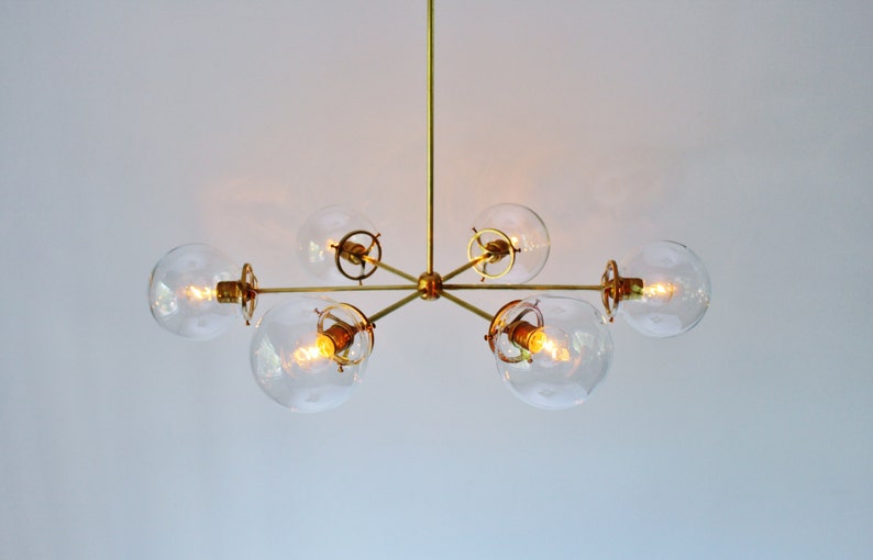 Sputnik Chandelier, Brass Finish, 6 Clear Bubble Glass Globes, Large Modern Hanging Pendant Ceiling Mount Lighting Fixture image 1