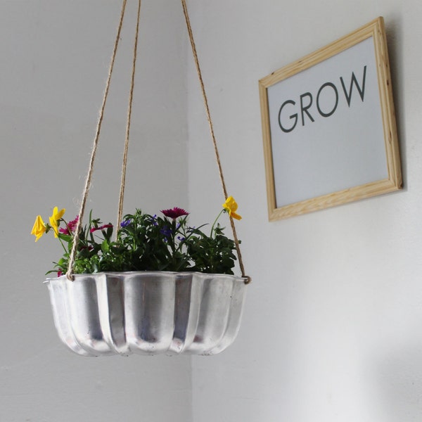 Shining Silver - UpCycled Bundt Cake Planter - Industrial Modern Reclaimed BootsNGus Hanging Flower Pot