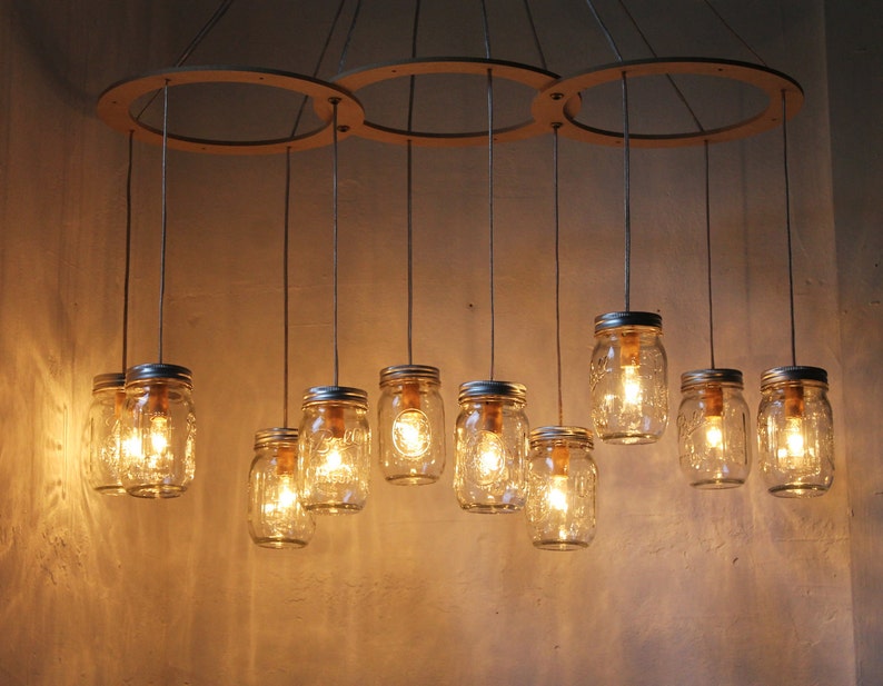 Mason Jar Chandelier, Large Rustic Mason Jar Pendant Lamp Lighting Fixture by BootsNGus, 10 Clear Ball Jars, Bulbs Included, Free Shipping image 1