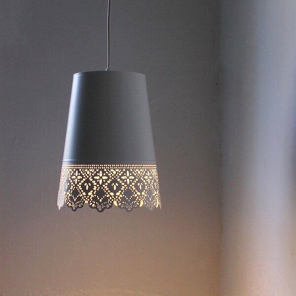 For LISA MARKS - Queen Anne's Lace - White UpCycled Mesh Lace Metal Garden Planter Hanging Pendant Lighting Fixture - BootsNGus Lamp Design