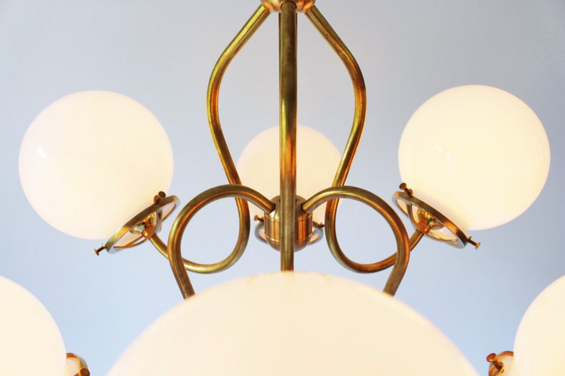 Brass Chandelier Lighting Fixture, Brass Pendant Lamp, 6 White Glass Globes on Fluted Arms, BootsNGus Modern Lighting and Home Decor image 3