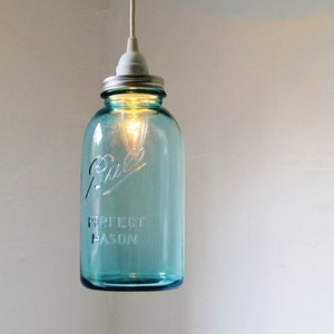 HALF GALLON Blue Mason Jar Pendant Lamp Featuring An Antique Ball Mason Jar Rustic Hanging Upcycled BootsNGus Lighting Fixture Lamp Design image 1