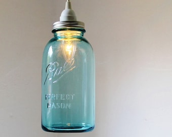 HALF GALLON Blue Mason Jar Pendant Lamp Featuring An Antique Ball Mason Jar - Rustic Hanging Upcycled BootsNGus Lighting Fixture Lamp Design