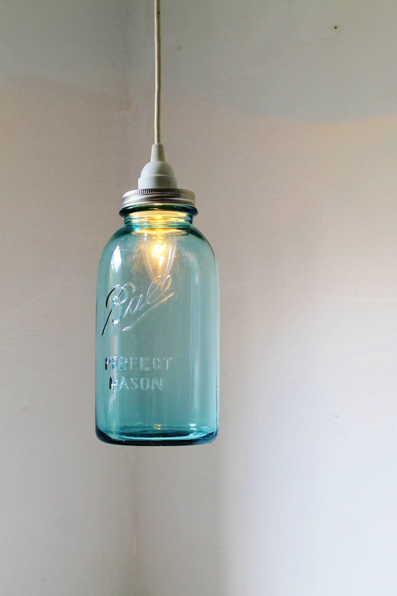 HALF GALLON Blue Mason Jar Pendant Lamp Featuring An Antique Ball Mason Jar Rustic Hanging Upcycled BootsNGus Lighting Fixture Lamp Design image 1