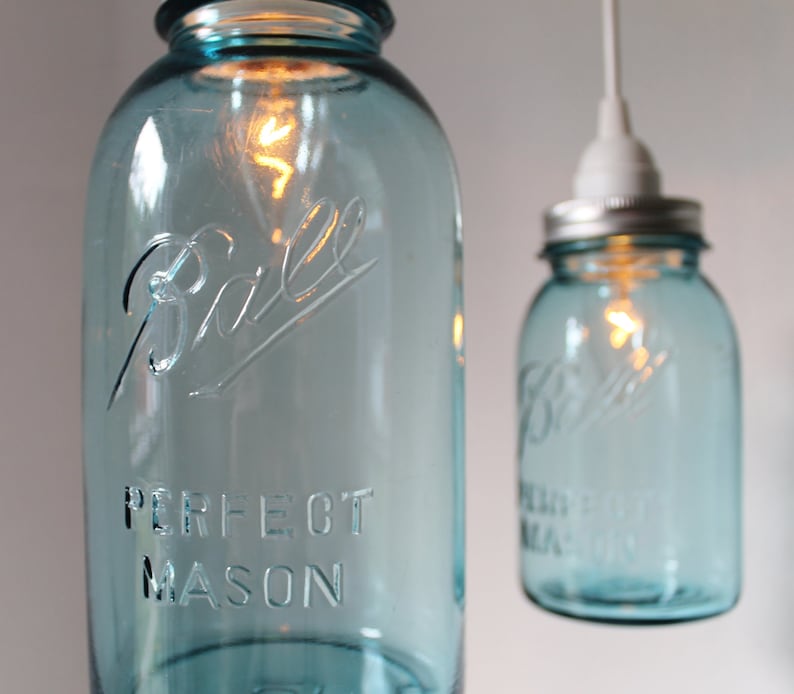 HALF GALLON Blue Mason Jar Pendant Lamp Featuring An Antique Ball Mason Jar Rustic Hanging Upcycled BootsNGus Lighting Fixture Lamp Design image 5