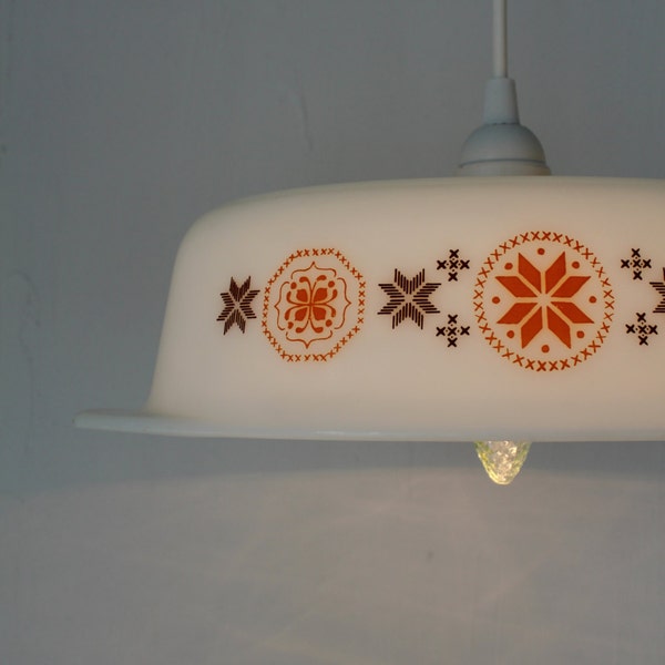 PYREX Bowl Pendant Lamp - Upcycled Hanging Lighting Fixture made with a Vintage Town and Country Casserole Dish - OOAK BootsNGus Lamps