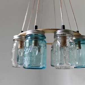 Mason Jar Chandelier, Beach House Mason Jar Lighting Fixture, Blue and Clear Jars, Hanging Pendant Light, BootsNGus Lighting, Bulbs Included image 5