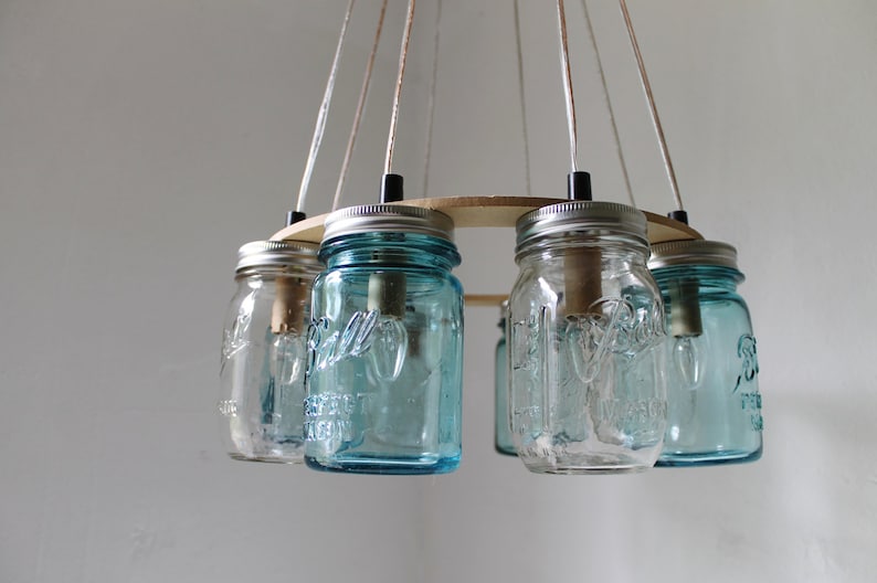 Mason Jar Chandelier, Beach House Mason Jar Lighting Fixture, Blue and Clear Jars, Hanging Pendant Light, BootsNGus Lighting, Bulbs Included image 5