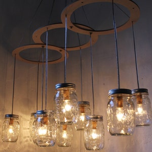 Mason Jar Chandelier, Large Rustic Mason Jar Pendant Lamp Lighting Fixture by BootsNGus, 10 Clear Ball Jars, Bulbs Included, Free Shipping image 4