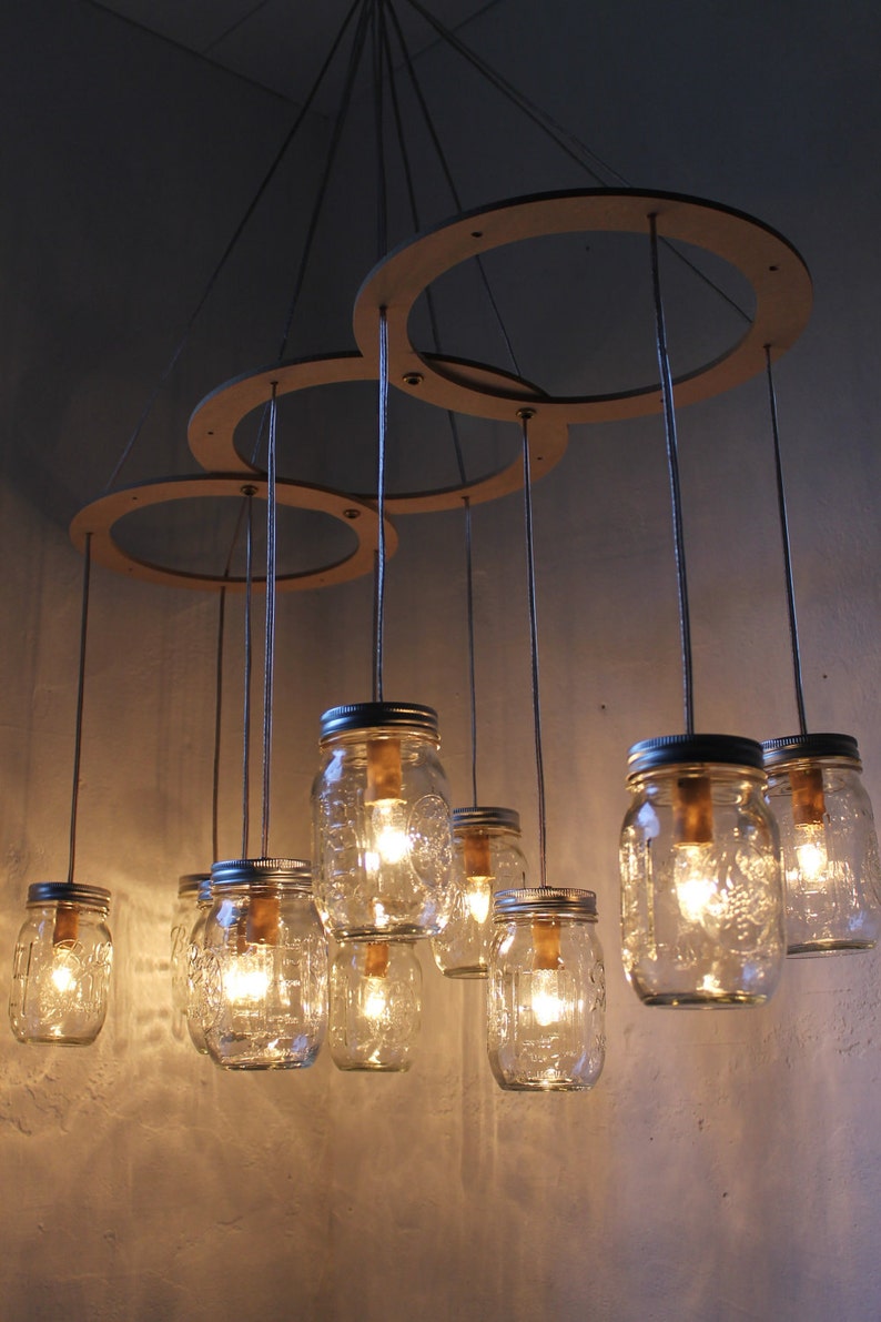 Mason Jar Chandelier, Large Rustic Mason Jar Pendant Lamp Lighting Fixture by BootsNGus, 10 Clear Ball Jars, Bulbs Included, Free Shipping image 4