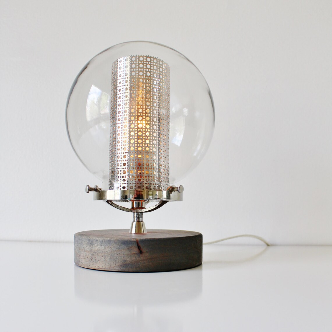Globe Table Lamp Industrial Chrome Steel and Wood Desk Lamp Etsy