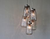 Mason Jar Chandelier, 6 Clear Quart Jars Cluster, BootsNGus Hanging Mason Jar Pendants Lighting Fixture, Bulbs Included