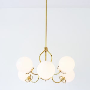 Brass Chandelier Lighting Fixture, Brass Pendant Lamp, 6 White Glass Globes on Fluted Arms, BootsNGus Modern Lighting and Home Decor image 2