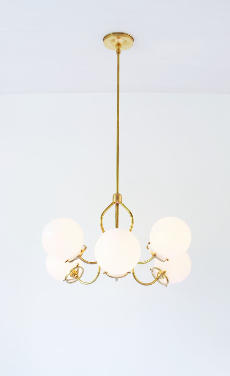 Brass Chandelier Lighting Fixture, Brass Pendant Lamp, 6 White Glass Globes on Fluted Arms, BootsNGus Modern Lighting and Home Decor image 2