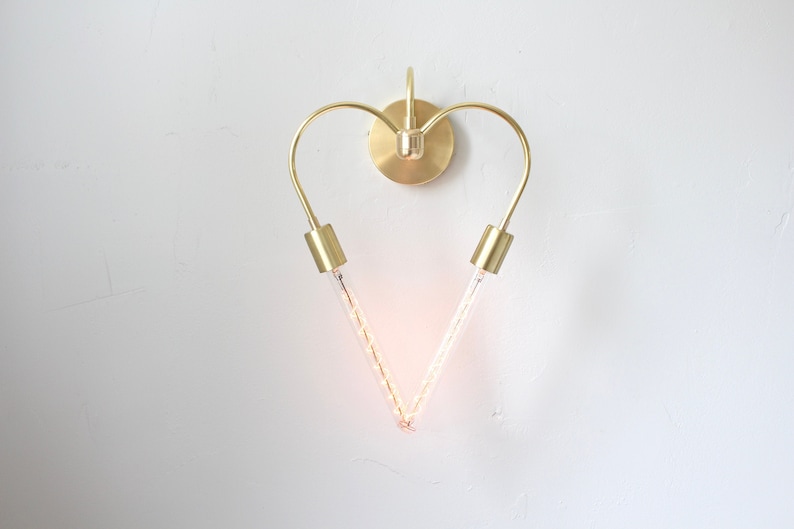 Heart Shaped, Wall Sconce, Brass lighting, Industrial, Vanity, Mid Century, Unique, Art, Gold, Gift Idea, Hanging Lamp, Love, Bulbs Included image 1